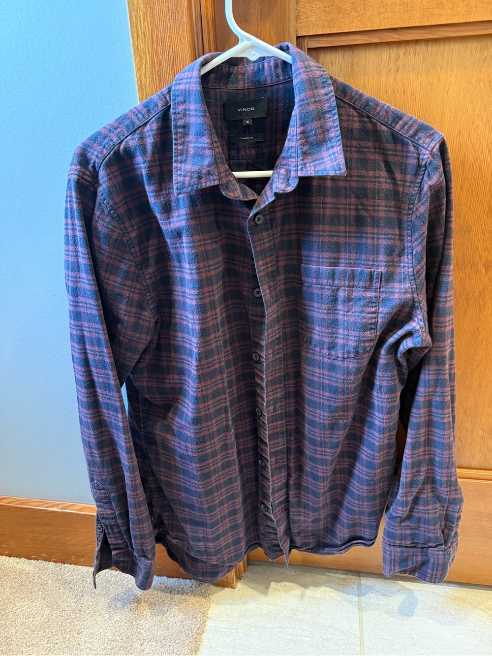 Vince Men’s Navy and Burgundy Plaid Button-Down Shirt